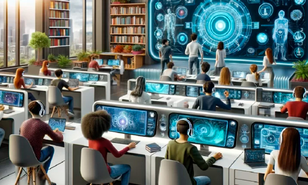 Futuristic classroom with students at desks facing a large holographic display and wall screens.