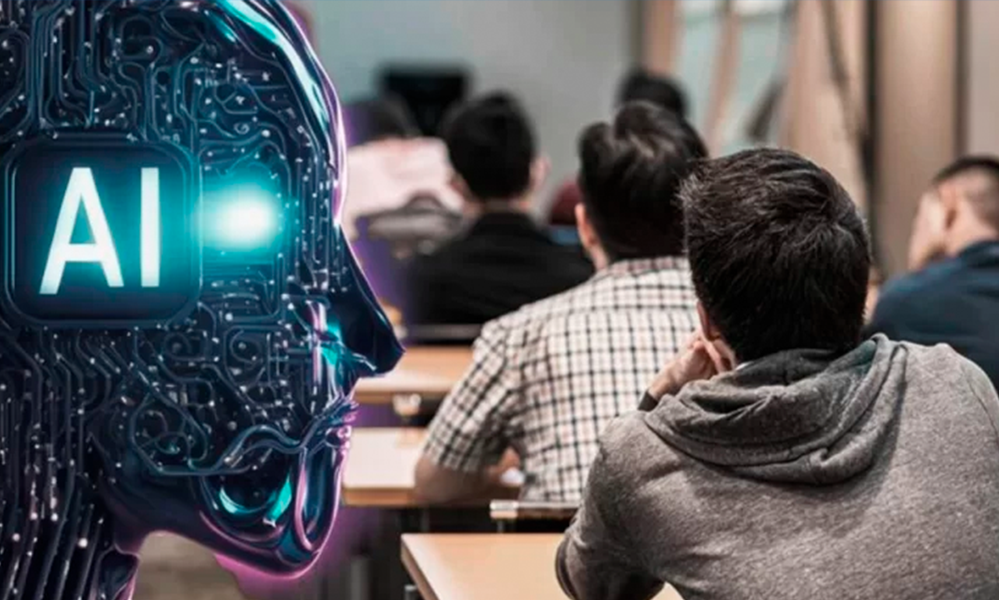 AI-themed robot head overlooking students in a classroom lecture hall.