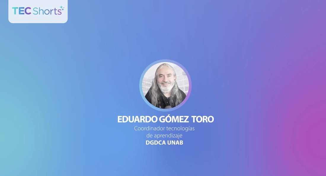 Profile slide: Eduardo Gómez Toro portrait with title and UNAB affiliation on a blue gradient background, TEC Shorts logo still visible.