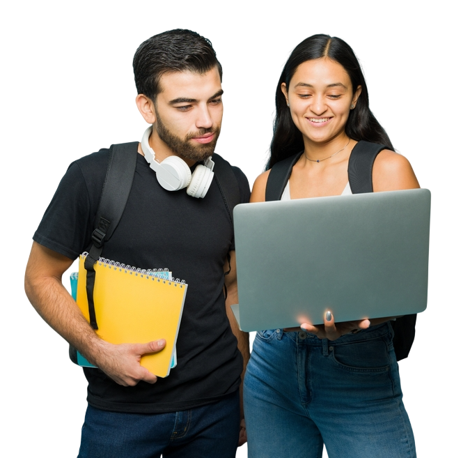 Two college students standing together, looking at a laptop screen; one holds a yellow notebook with a spiral notebook tucked under his arm and headphones around his neck.