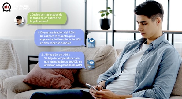 Young man on a couch using a smartphone, with blue and green speech bubbles about DNA replication steps, indicating an online biology lesson.