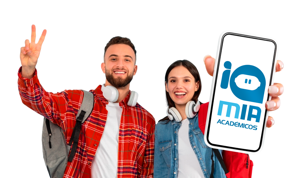 Two smiling students with backpacks hold a phone displaying the iMIA Académicos logo on the screen.