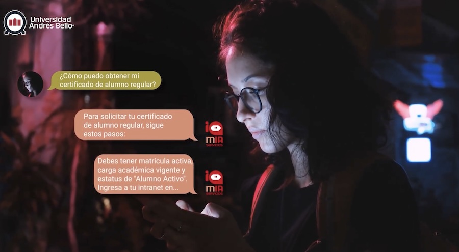 Woman in a dim setting looks at her phone; three orange chat bubbles discuss obtaining a regular student certificate, UNAB logo visible on the left side.